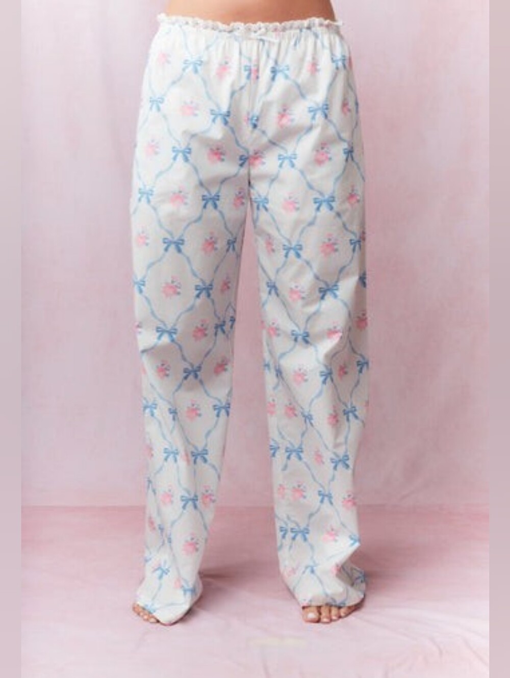 Peach Love California White Lounge Pants Blue Bows Pink Floral Print Lace Cotton
